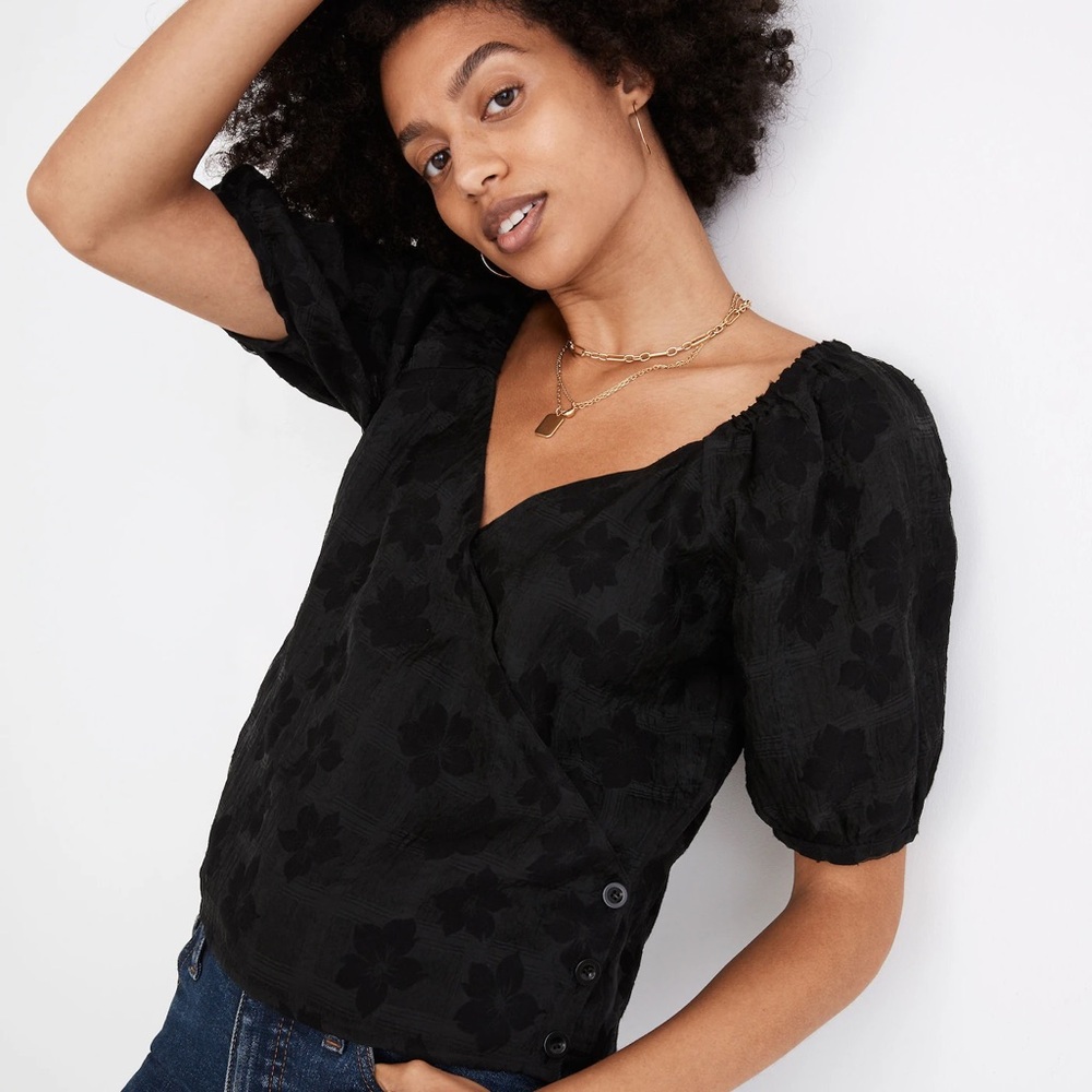 Madewell Black Puff Sleeve Wrap Top in Floral Jacquard